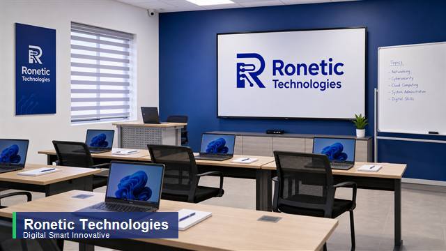 Ronetic Technologies digital classroom with screen and laptops